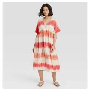 Knox Rose Women XS Orange Apricot Tie Dye V-Neck Short Sleeve Dress
